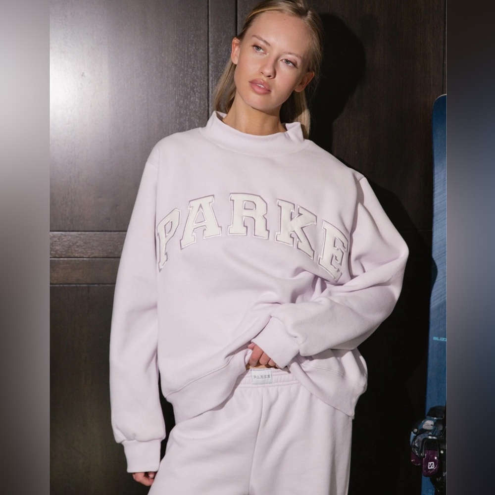 NWT Parke Fleece Lilac + White Varsity MOCKNECK Sweatshirt VIRAL